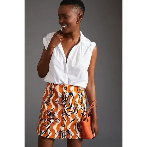 Anthropologie Maeve Tiger Mini Skirt Wavy Stripe Retro Orange White XXS - Picture 1 of 11